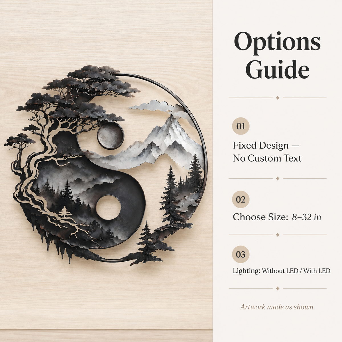 Yin Yang Metal Wall Decor, Mountain and Tree Wall Art, Zen Nature Wall Sign, Rustic Landscape Home Decor With LED — Customize Option Guide