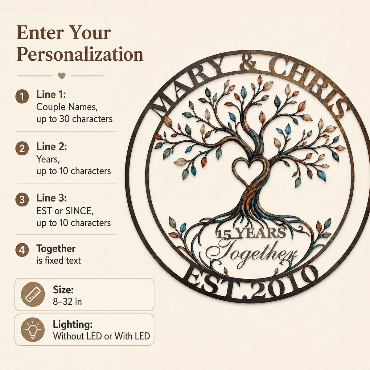 Customize  Option Guide - Personalized Anniversary Gift Custom Couple Name Tree of Life Metal