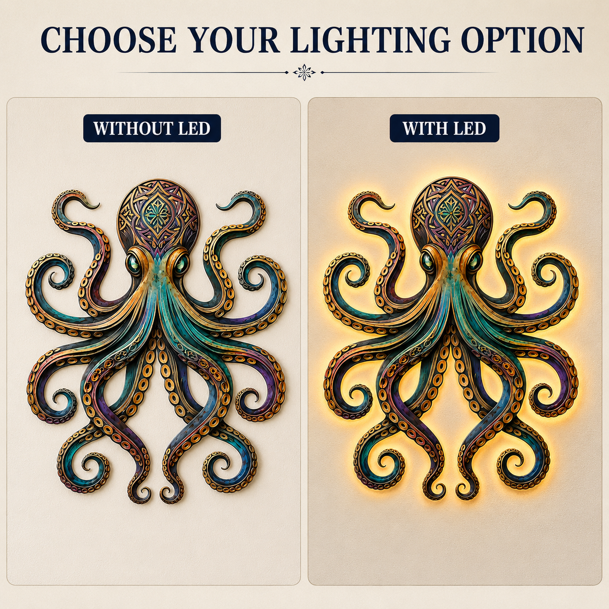LED Options — Octopus Metal Wall Art Octopus Wall Decor Coastal Wall Art