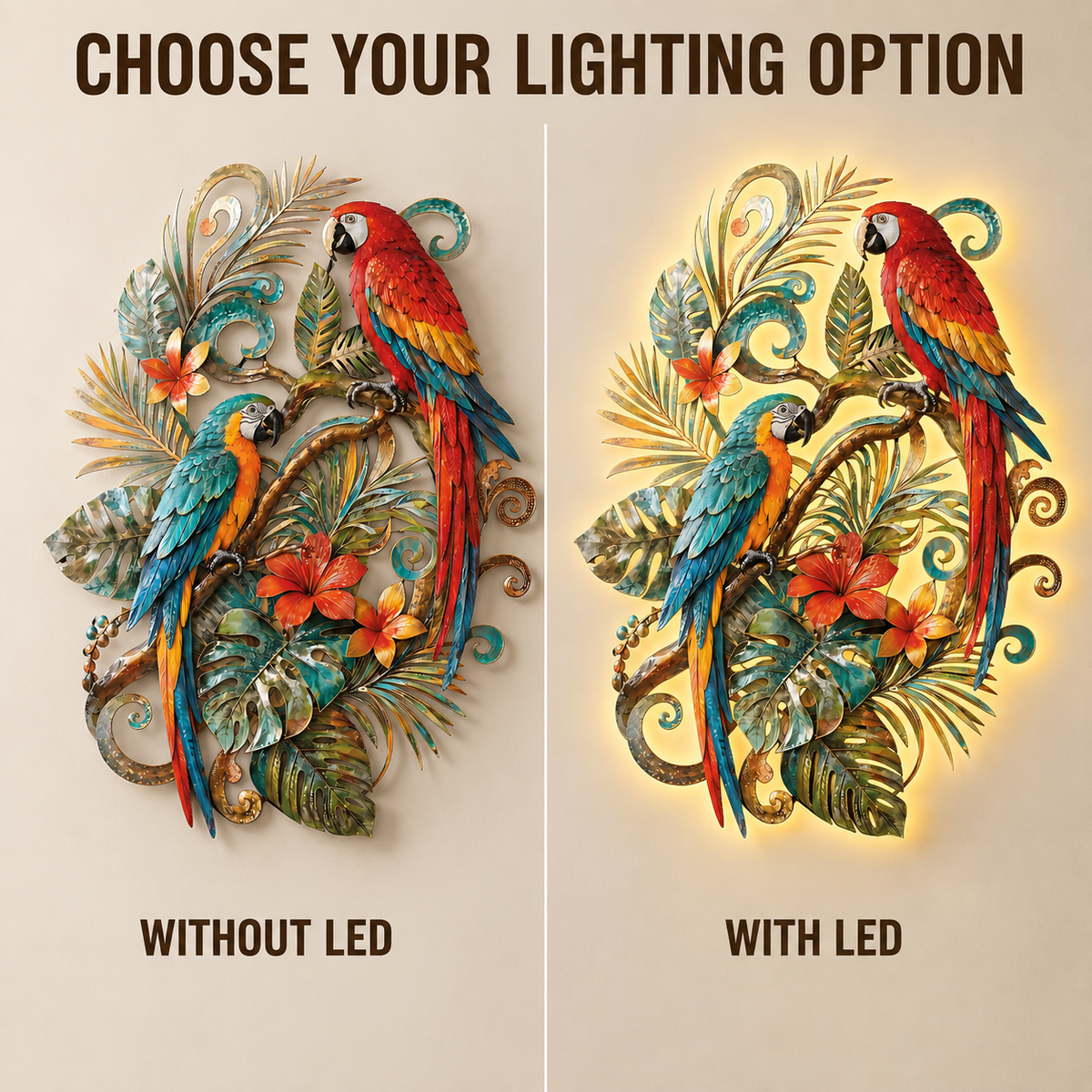LED Options - Tropical Parrot Metal Wall Art Macaw Wall Decor Tropical Bird