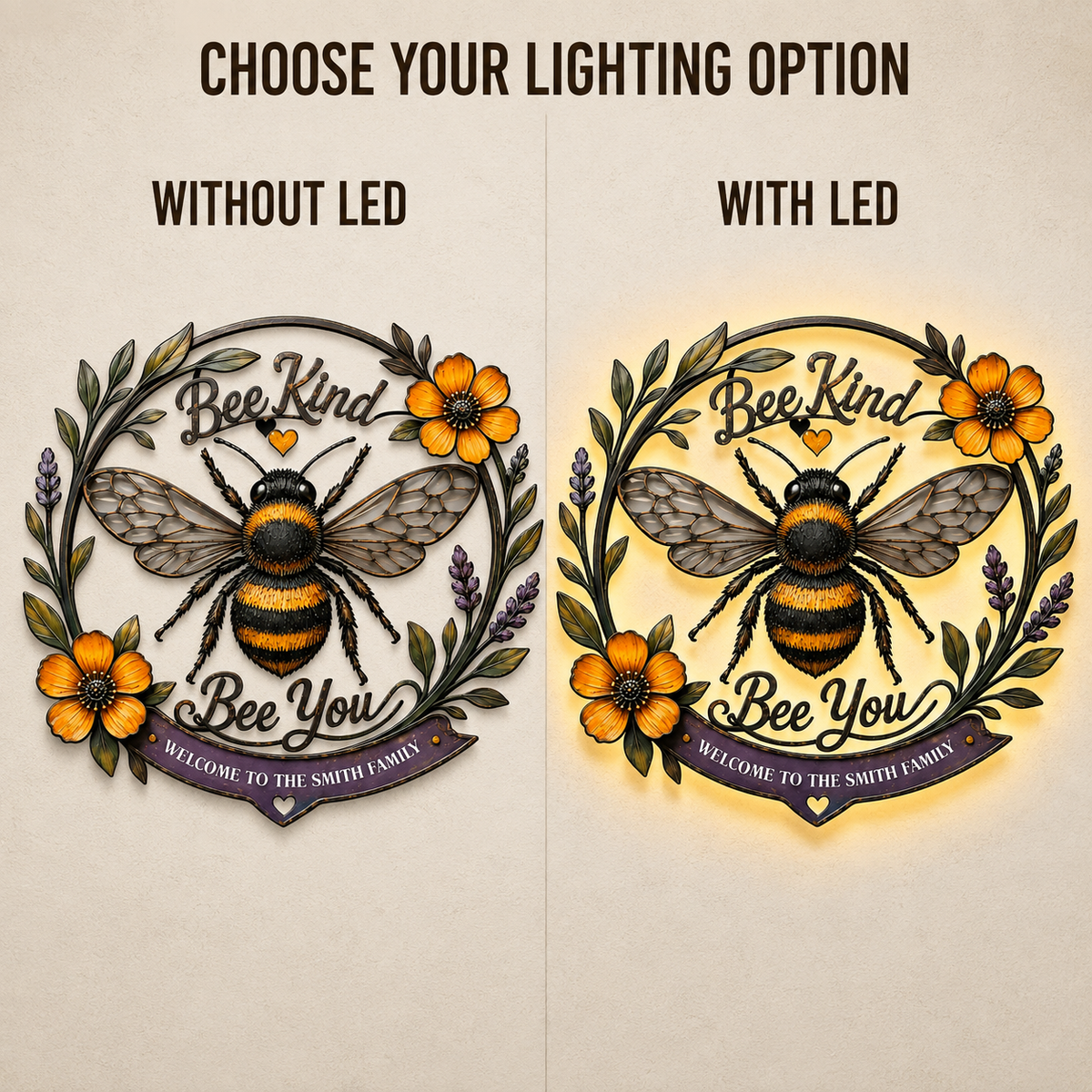LED Options - Bee Kind Bee You Metal Wall Art Decor Personalized Family