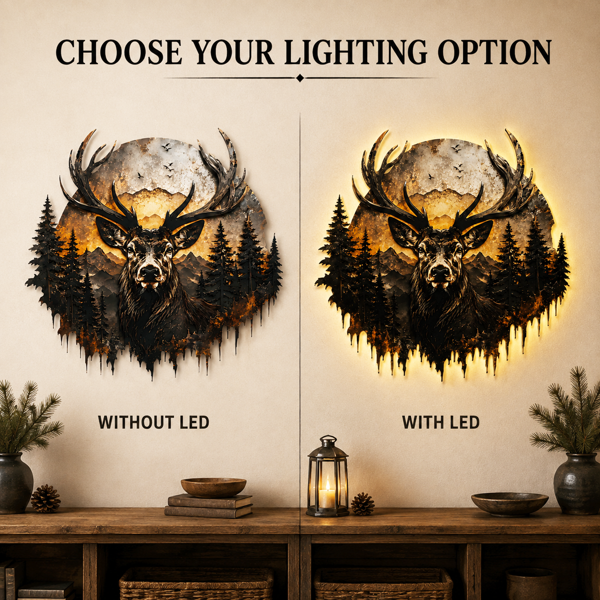 LED Options - Deer Metal Wall Decor Mountain Wall Art Wildlife Art Woodland