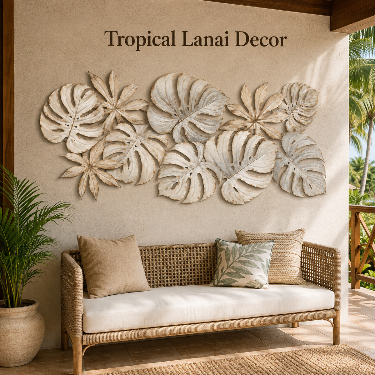 Lanai Decor Scene - Tropical Leaf Metal Wall Art Monstera Wall Decor Botanical Patio