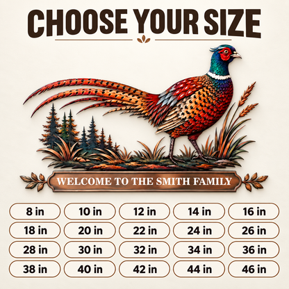 Personalized Pheasant Metal Wall Art Family Name Sign Custom Cabin Wall Decor Wildlife Lodge Decor With LED — Size Guide