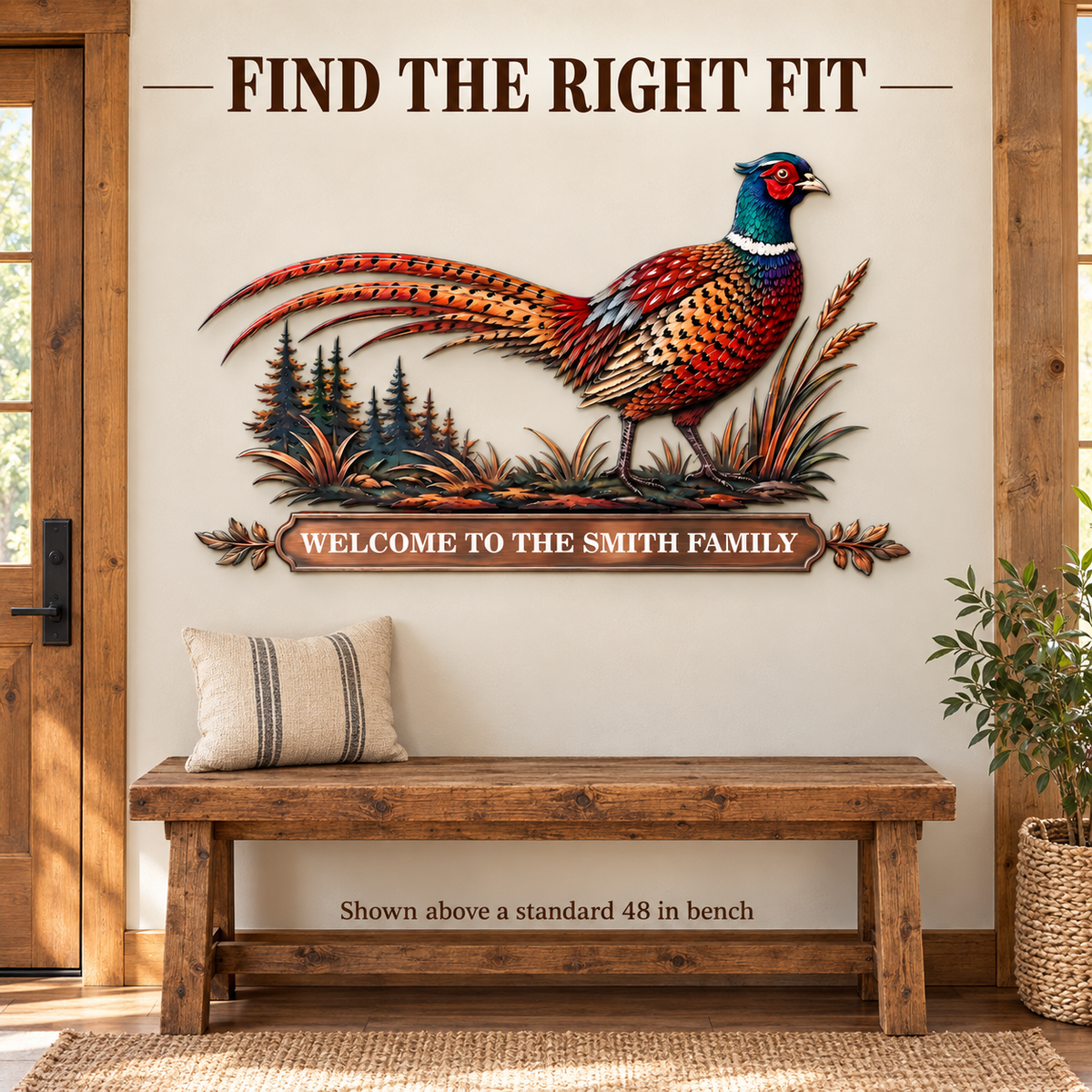 Personalized Pheasant Metal Wall Art Family Name Sign Custom Cabin Wall Decor Wildlife Lodge Decor With LED — Scale in Room