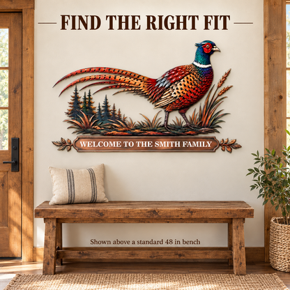 Personalized Pheasant Metal Wall Art Family Name Sign Custom Cabin Wall Decor Wildlife Lodge Decor With LED — Scale in Room