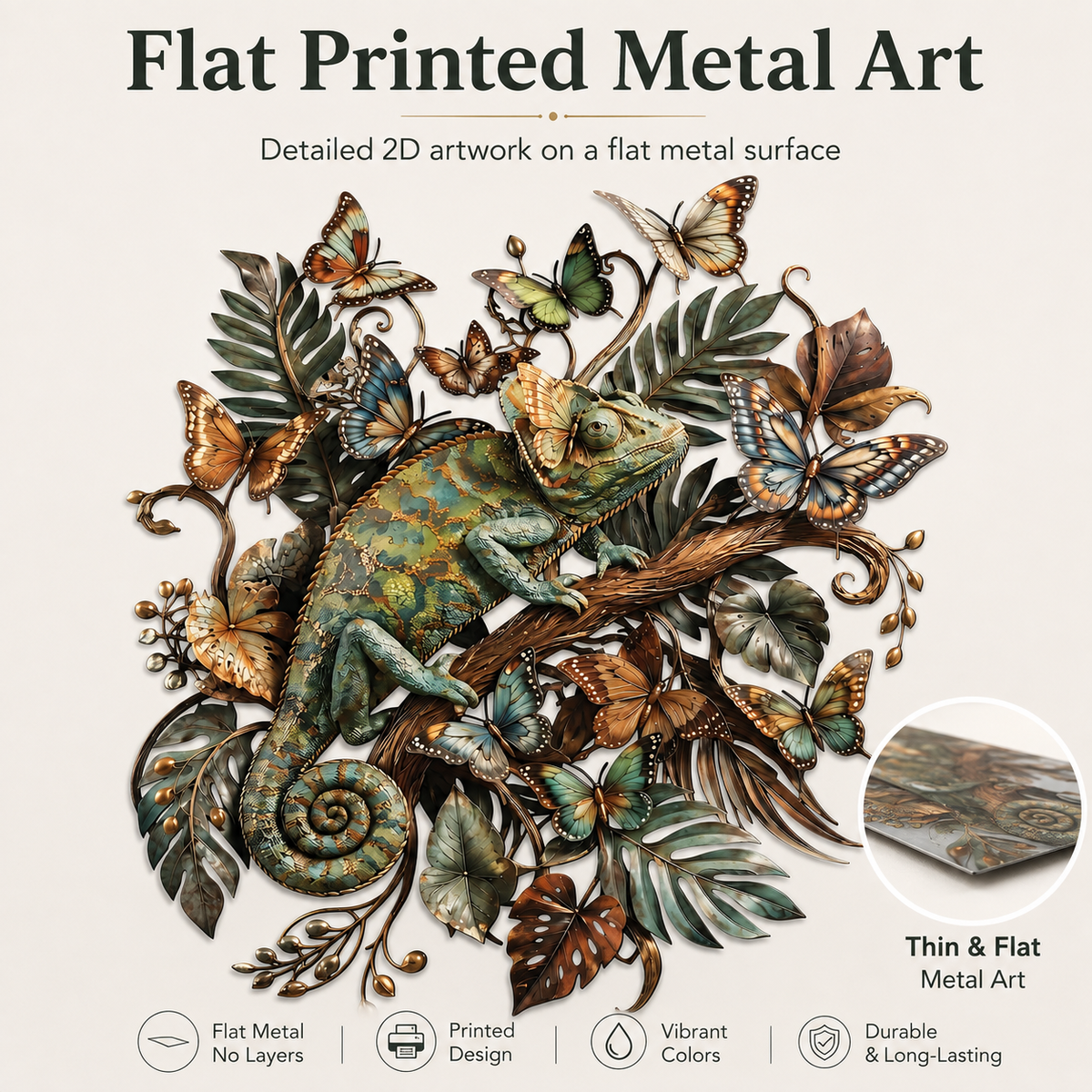 Flat Printed Clarity - Chameleon Metal Wall Art Tropical Reptile Wall Decor Colorful Jungle