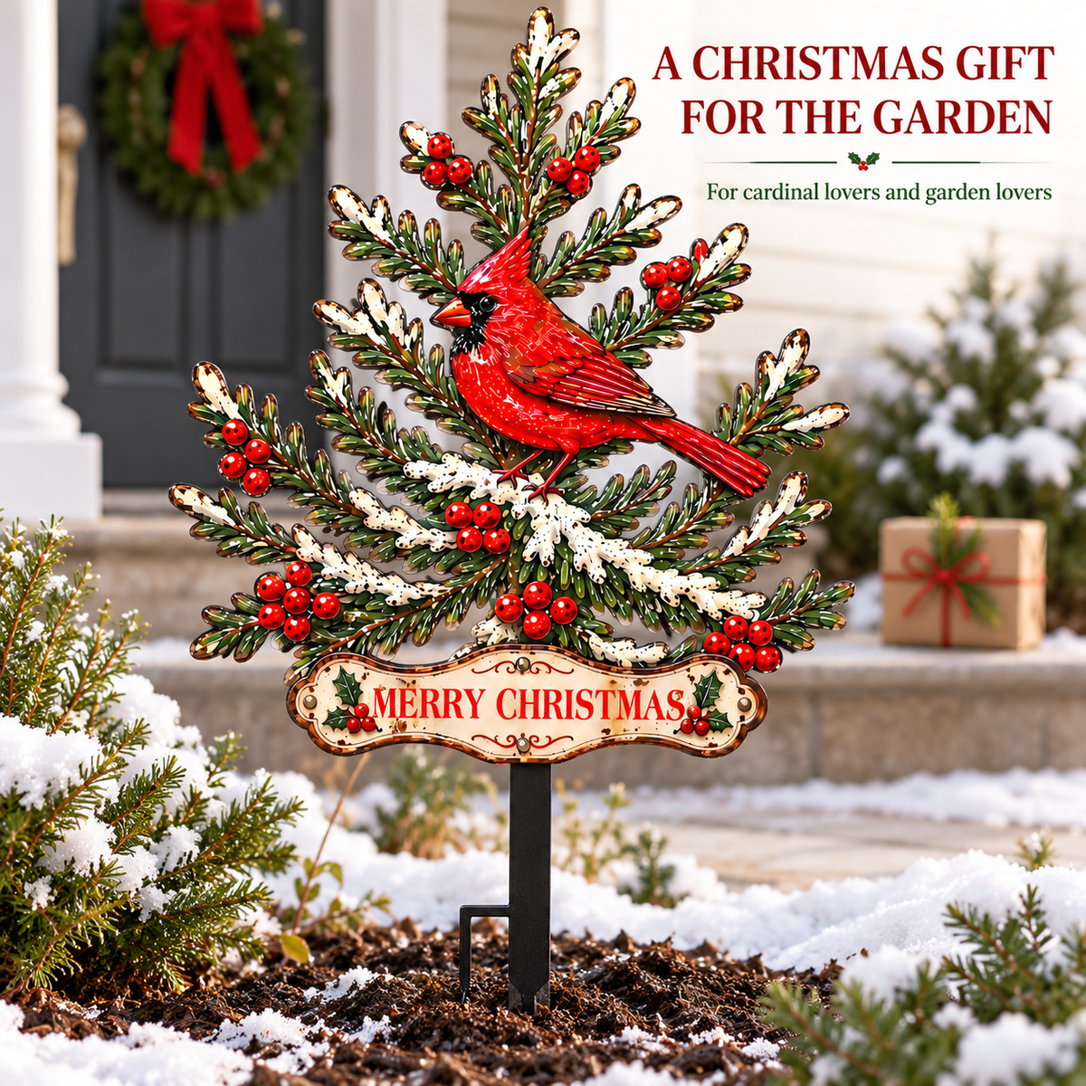 Custom Cardinal Christmas Pine Tree Metal Garden Stake Personalized Christmas Yard Art Cardinal Garden Decor Outdoor Holiday Decor — Meaningful Christmas Gift