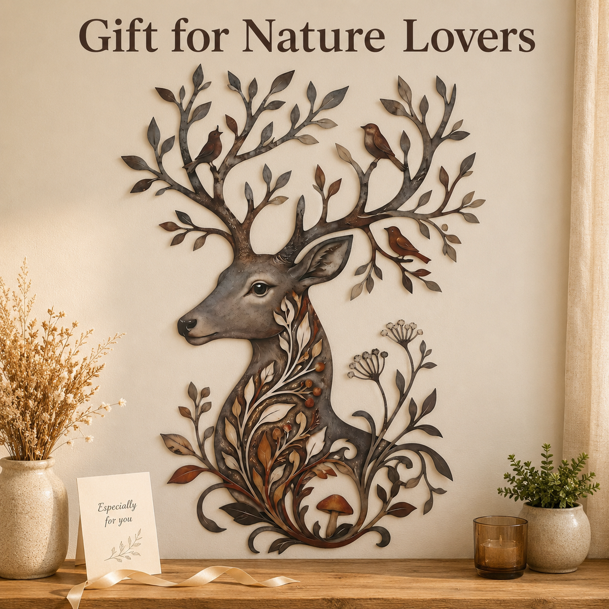 Meaningful Gift - Botanical Deer Metal Wall Art Woodland Wildlife Decor Deer Antler