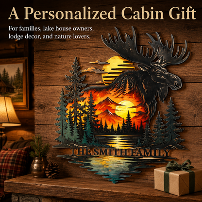 Meaningful Gift - Personalized Moose Metal Wall Art Custom Family Name Cabin Sign