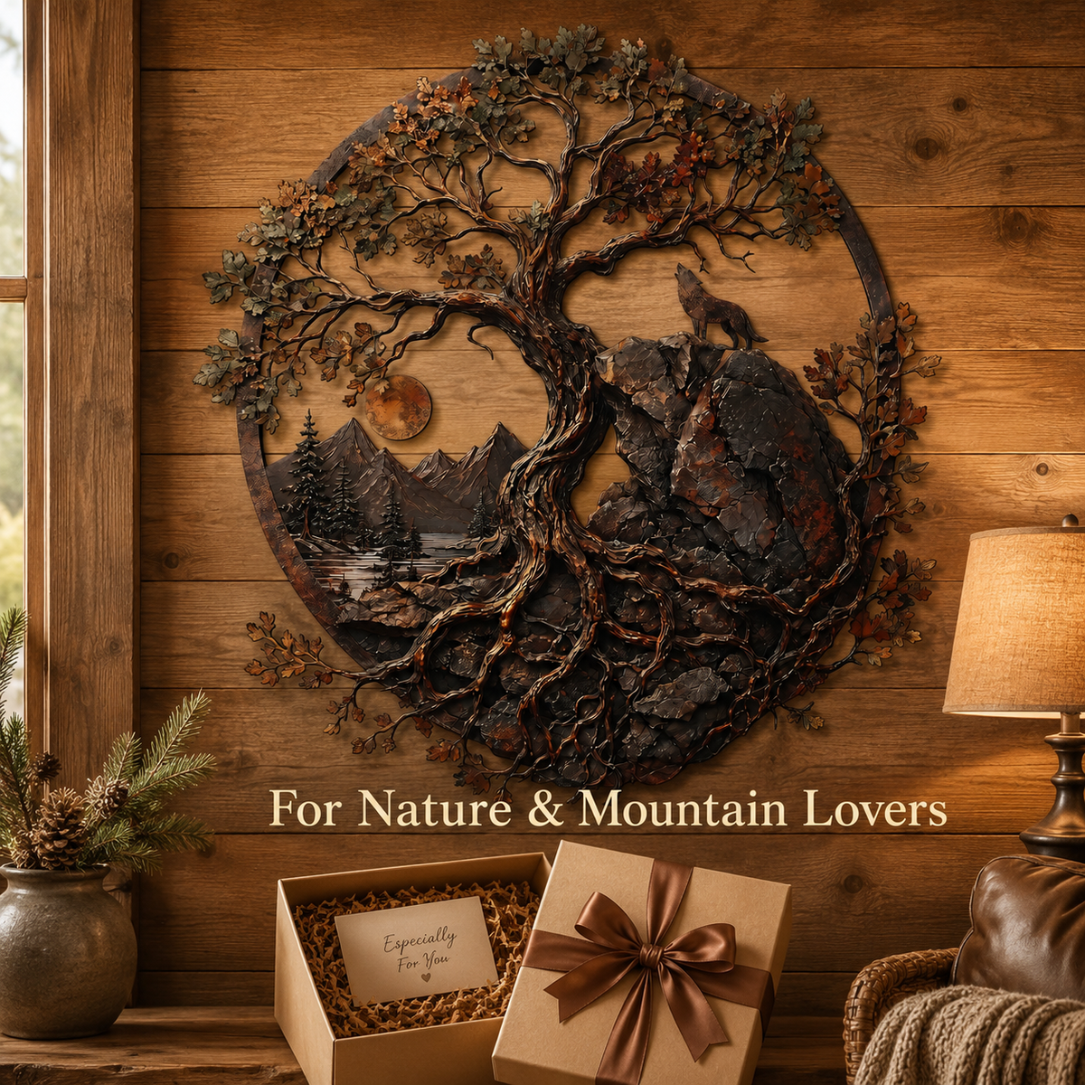Meaningful Gift - Ancient Oak Tree Metal Wall Art Wolf Mountain Wilderness Decor