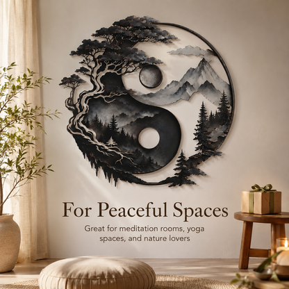 Yin Yang Metal Wall Decor, Mountain and Tree Wall Art, Zen Nature Wall Sign, Rustic Landscape Home Decor With LED — Meaningful Gift