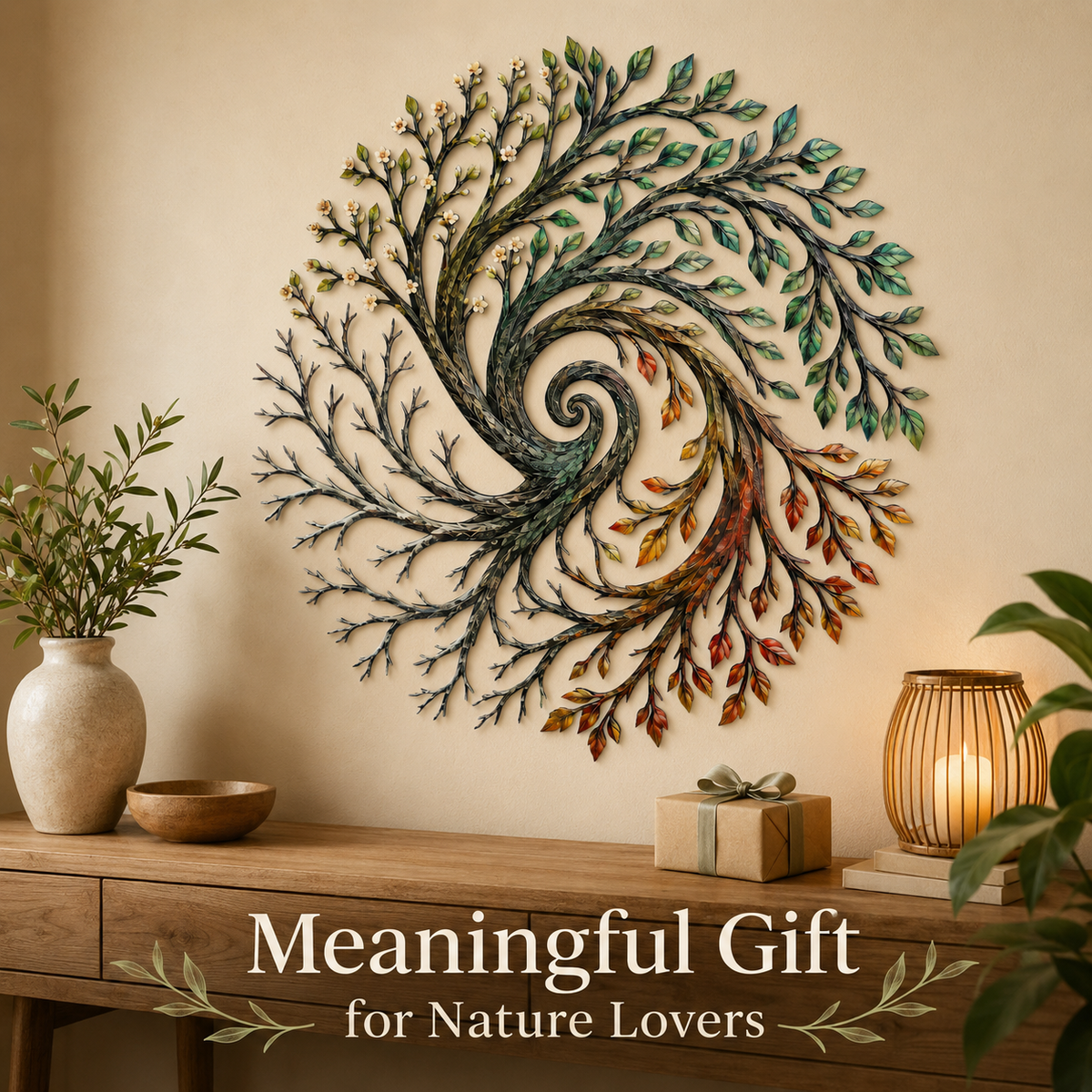 Four Seasons Tree of Life Metal Wall Art Spiral Tree Wall Decor Circular Nature Art for Living Room — Meaningful Gift