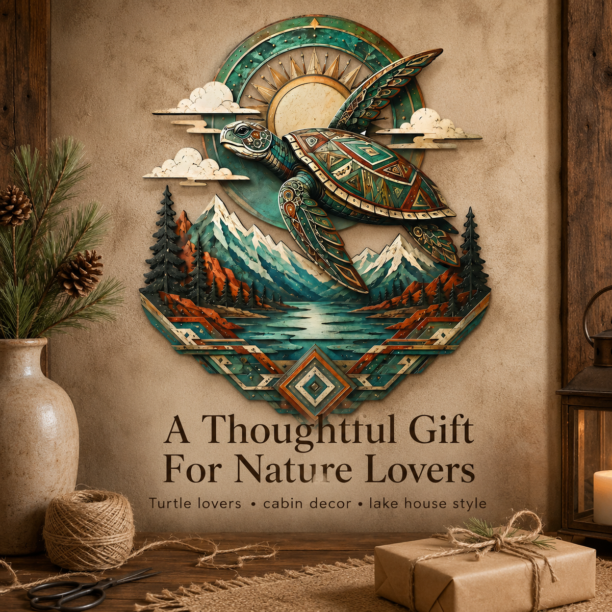 Meaningful Gift - Sea Turtle Metal Wall Art Southwestern Wildlife Decor Mountain Lake