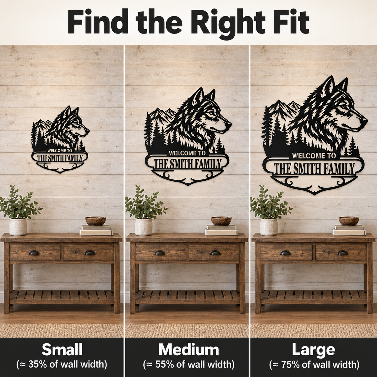 Room Fit Size Context - Custom Wolf Metal Wall Art Personalized Cabin Sign Rustic Wildlife