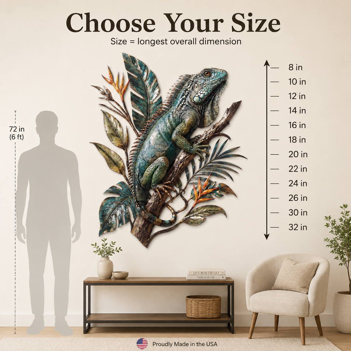 Size Guide - Iguana Metal Wall Art Tropical Lizard Wall Decor Jungle Animal
