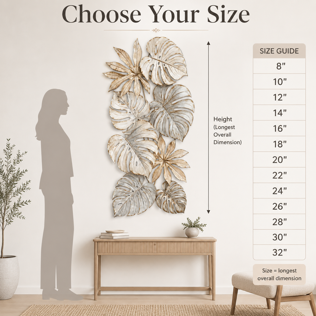 Size Guide - Tropical Leaf Metal Wall Art Monstera Wall Decor Botanical Patio