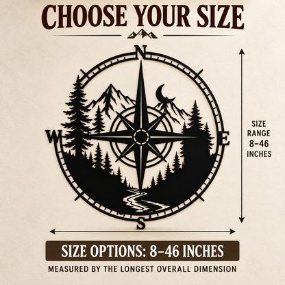 Metal Compass Wall Art Mountain Wall Art Adventure Decor Cabin Wall Art Travel Gift Nature Lover Gift With LED — Size Guide