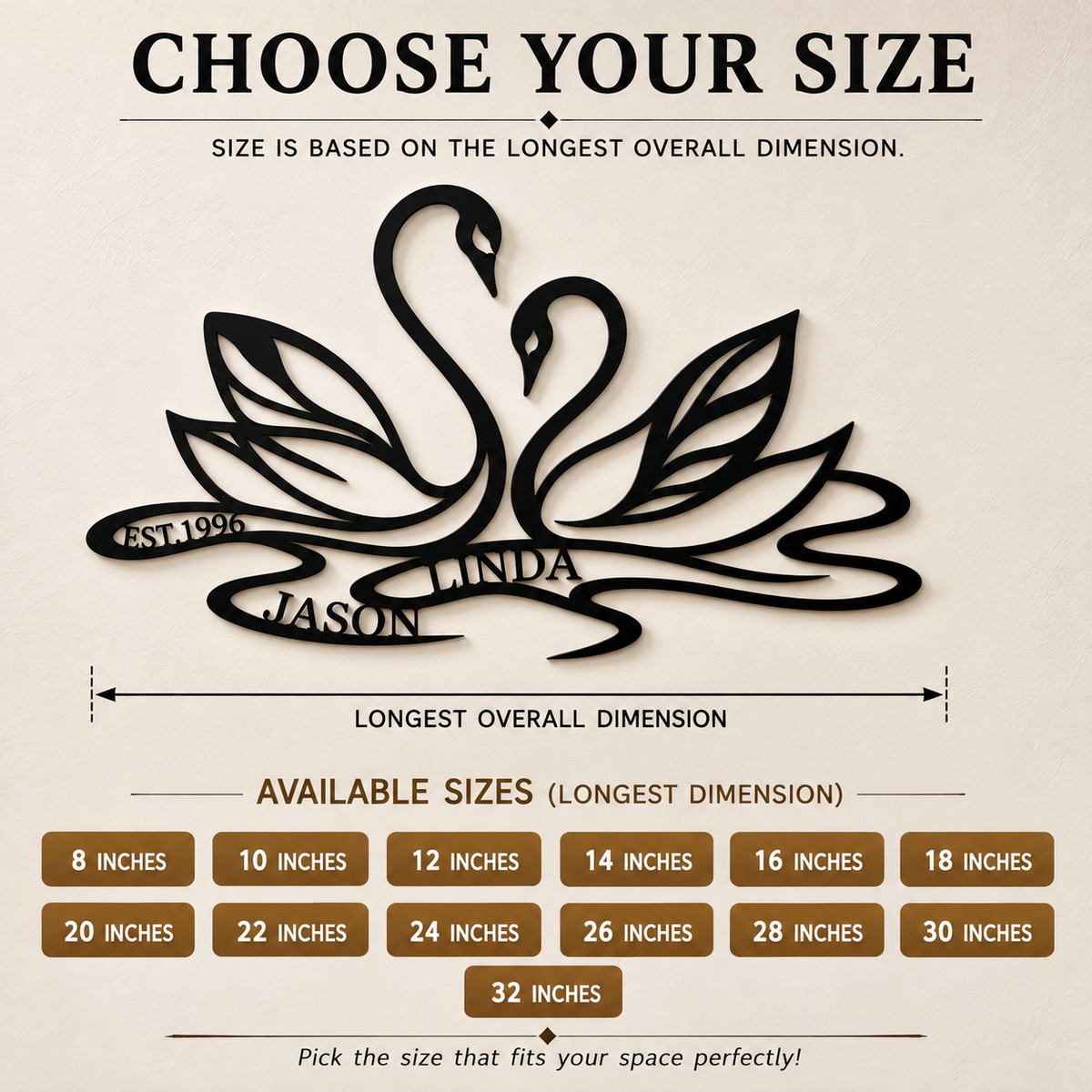 Size Guide - Custom Swan Couple Name Metal Wall Art Personalized Anniversary Gift