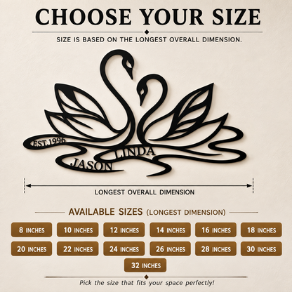 Size Guide - Custom Swan Couple Name Metal Wall Art Personalized Anniversary Gift