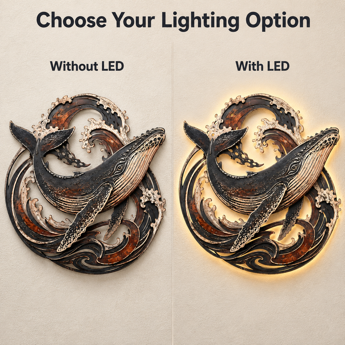 Choose Lighting Option — Whale Metal Wall Art Humpback Whale Wall Decor Ocean Wall