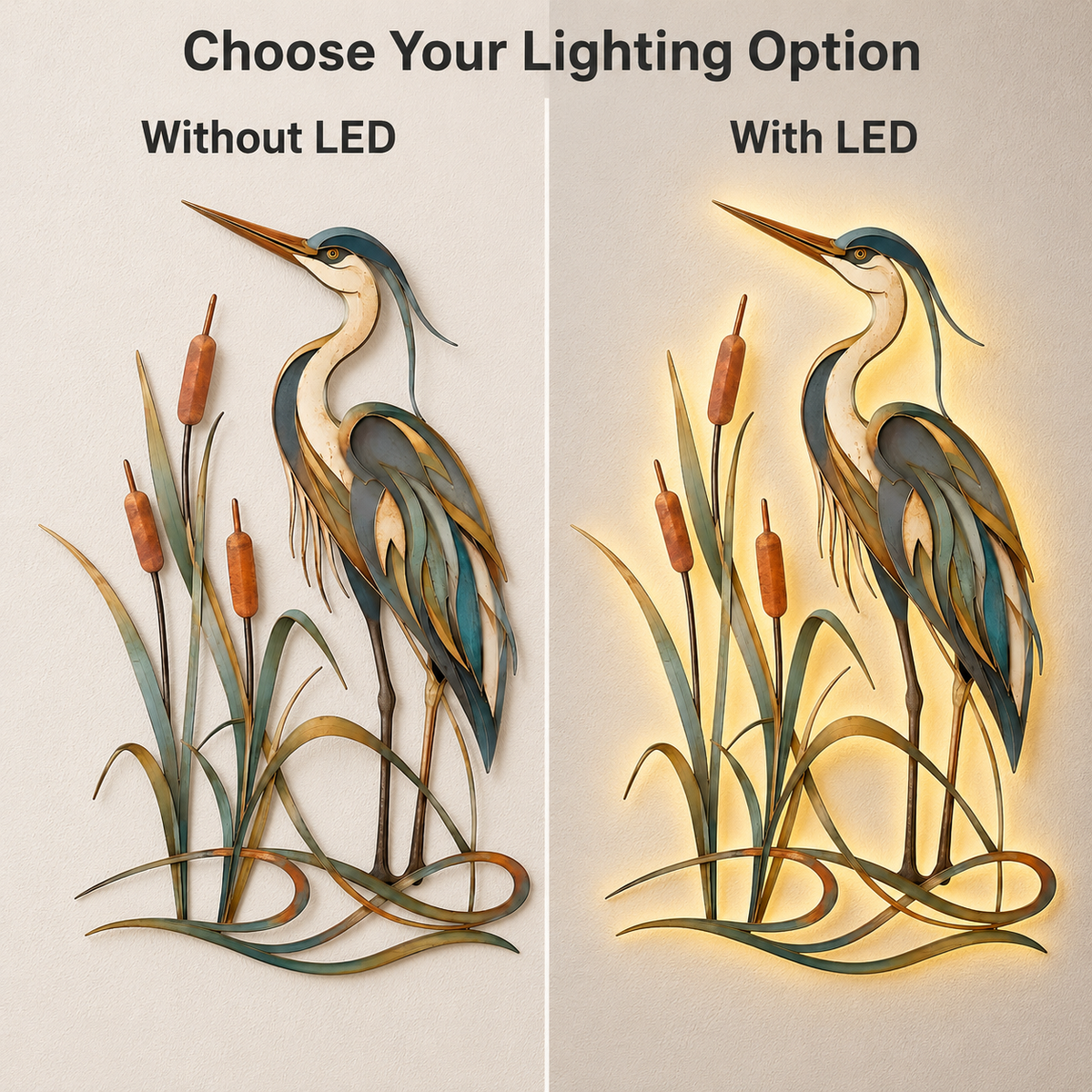 Choose Lighting Option — Heron Metal Wall Art Blue Heron Wall Decor Great Blue
