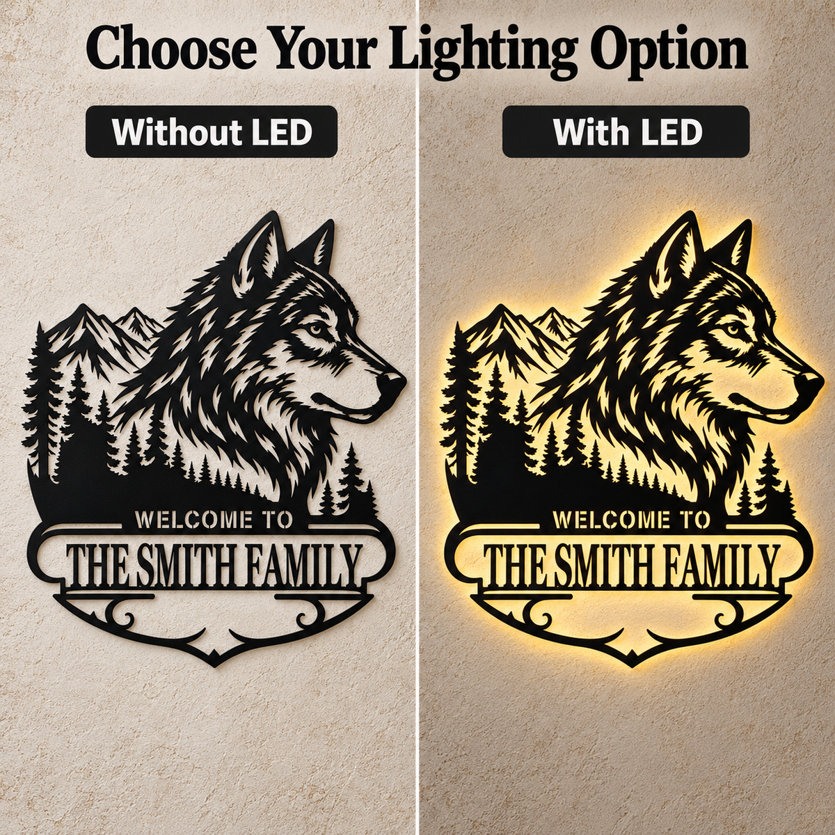Choose Lighting Option - Custom Wolf Metal Wall Art Personalized Cabin Sign Rustic Wildlife