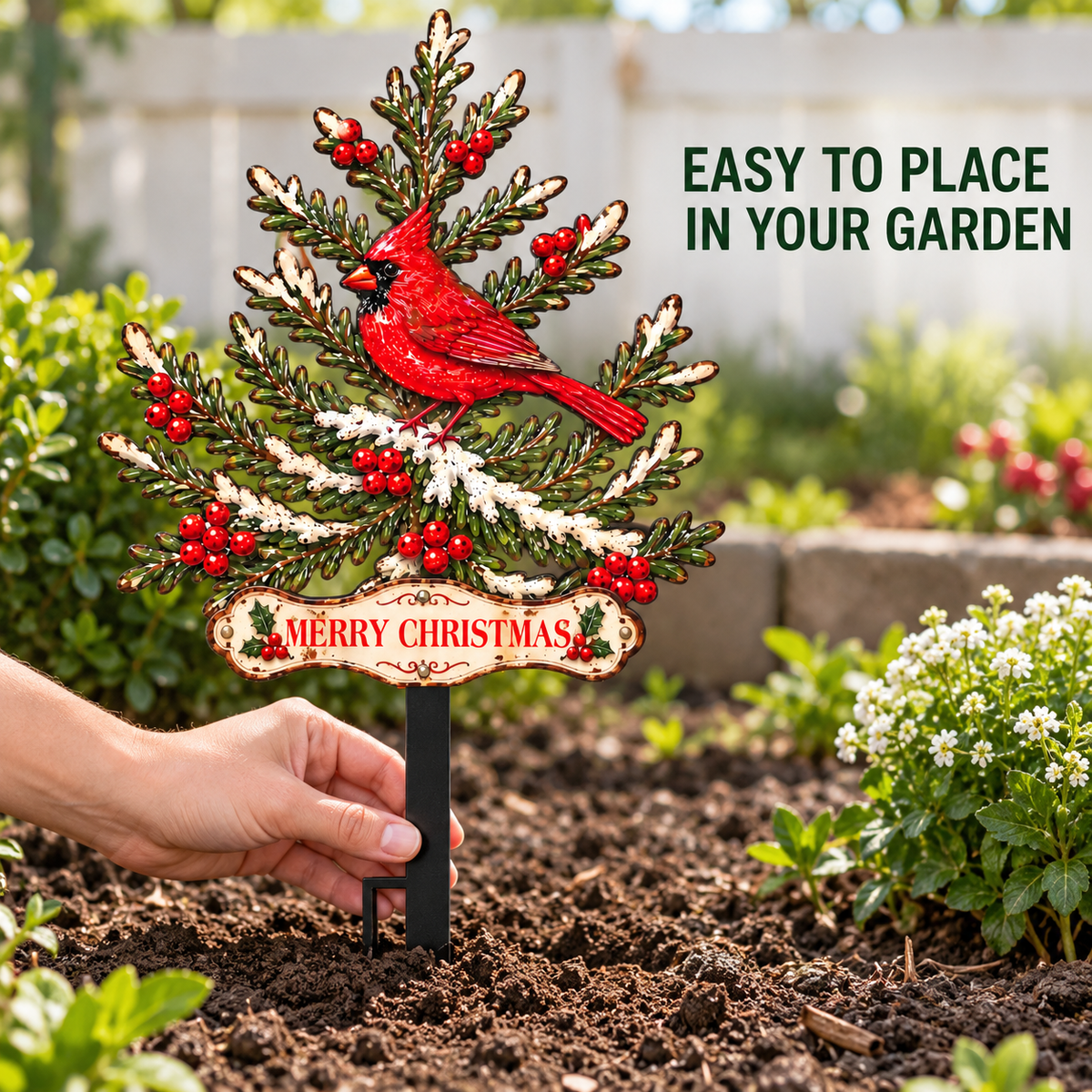 Custom Cardinal Christmas Pine Tree Metal Garden Stake Personalized Christmas Yard Art Cardinal Garden Decor Outdoor Holiday Decor — Easy Garden Placement