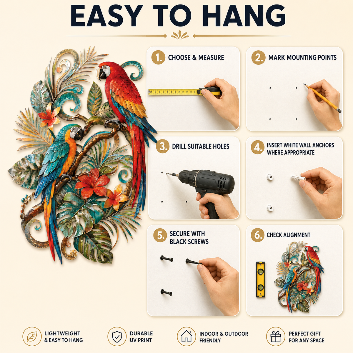 Easy To Hang - Tropical Parrot Metal Wall Art Macaw Wall Decor Tropical Bird