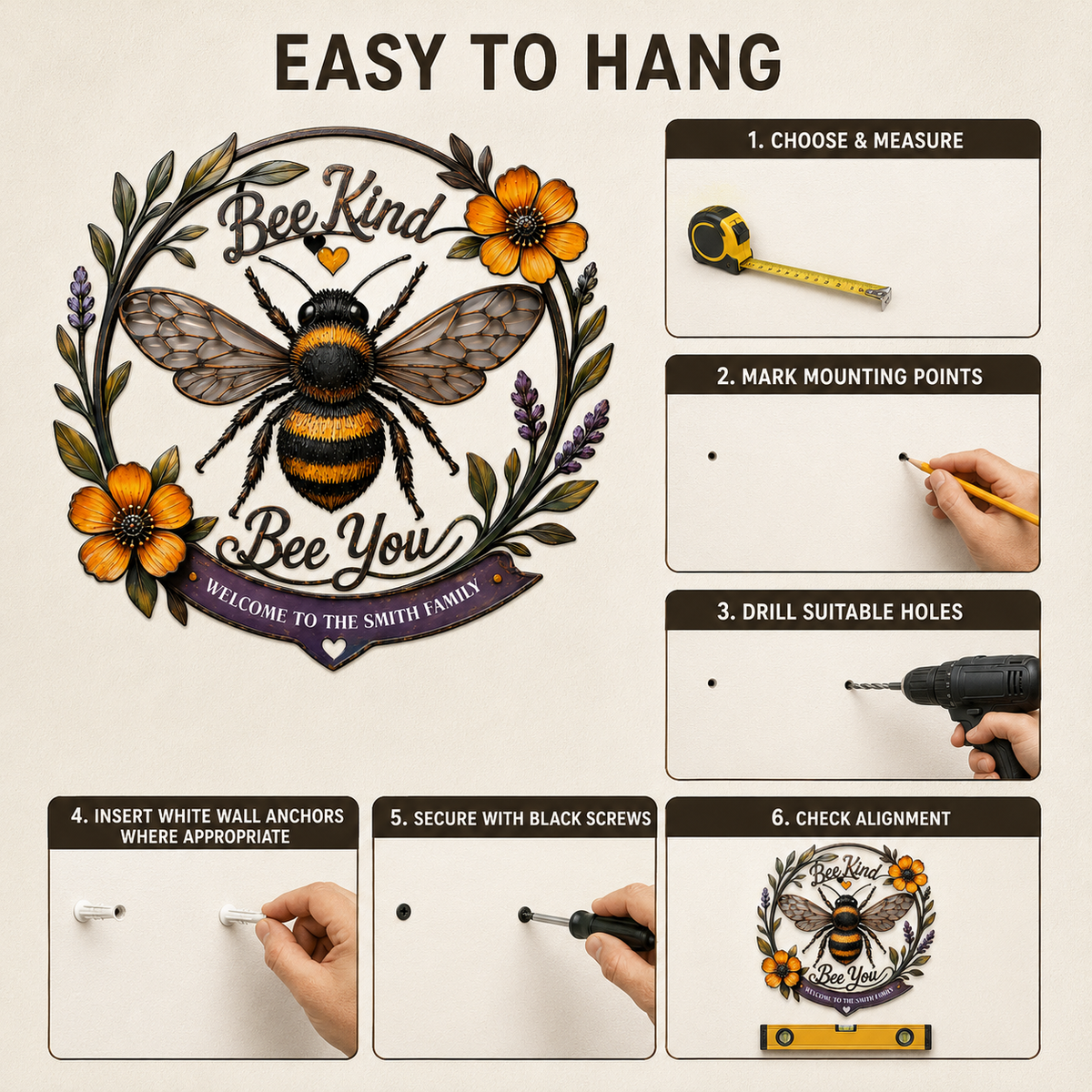 Easy To Hang - Bee Kind Bee You Metal Wall Art Decor Personalized Family