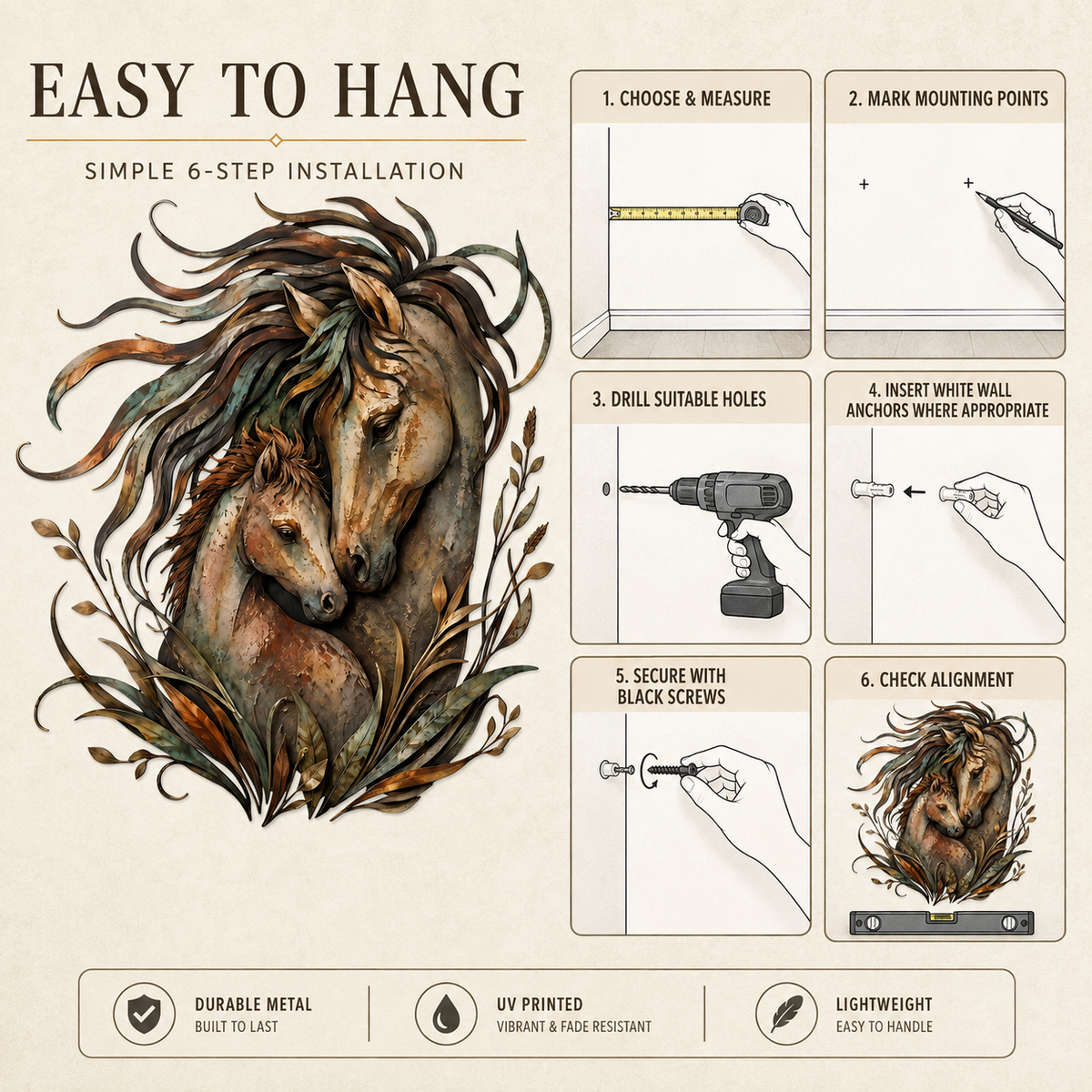 Easy To Hang - Horse Metal Wall Art Decor Mare and Foal Wall Art