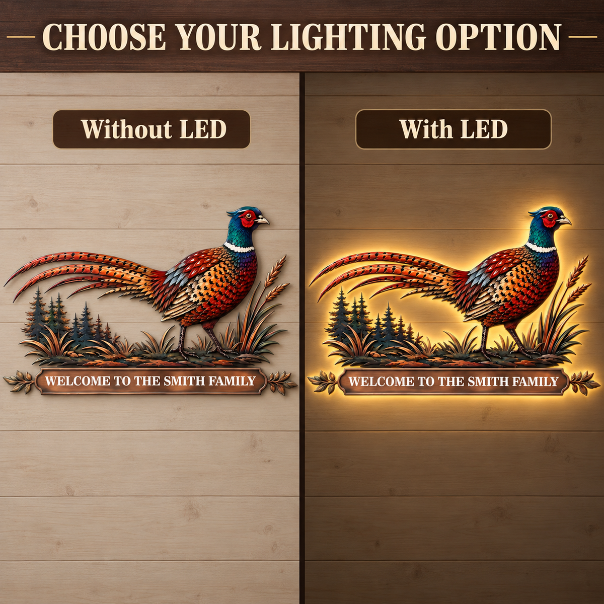 Personalized Pheasant Metal Wall Art Family Name Sign Custom Cabin Wall Decor Wildlife Lodge Decor With LED — Lighting Option – Comparison