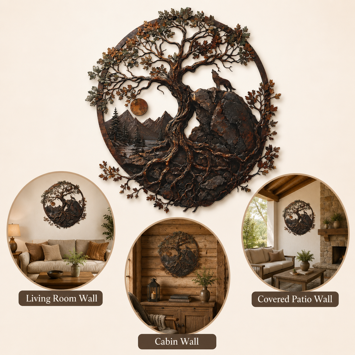 Placement Decor - Ancient Oak Tree Metal Wall Art Wolf Mountain Wilderness Decor