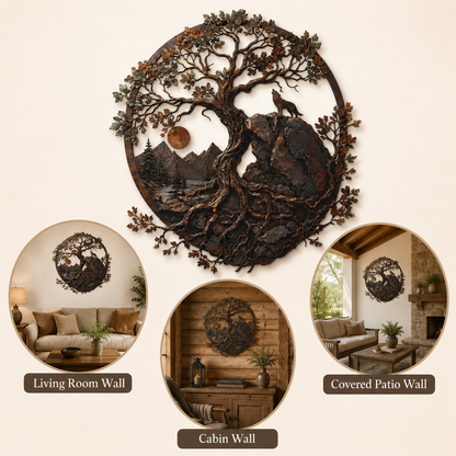 Placement Decor - Ancient Oak Tree Metal Wall Art Wolf Mountain Wilderness Decor