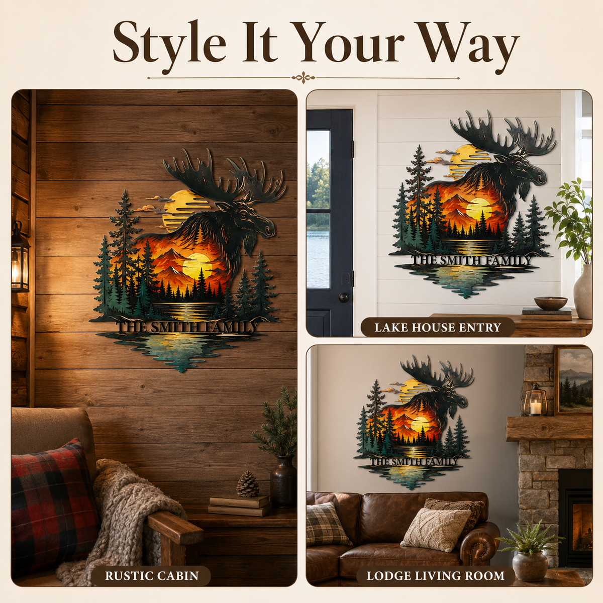 Placement Decor - Personalized Moose Metal Wall Art Custom Family Name Cabin Sign