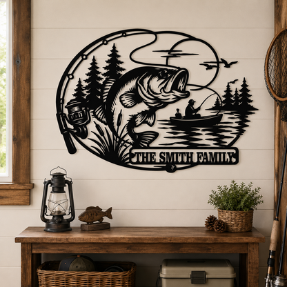 Placement Decor - Personalized Fishing Metal Sign Custom Family Name Bass Fishing Wall