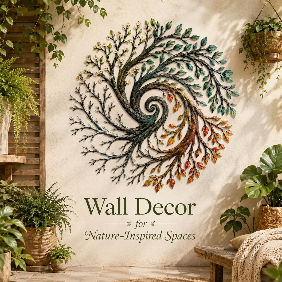 Four Seasons Tree of Life Metal Wall Art Spiral Tree Wall Decor Circular Nature Art for Living Room — Placement Decor