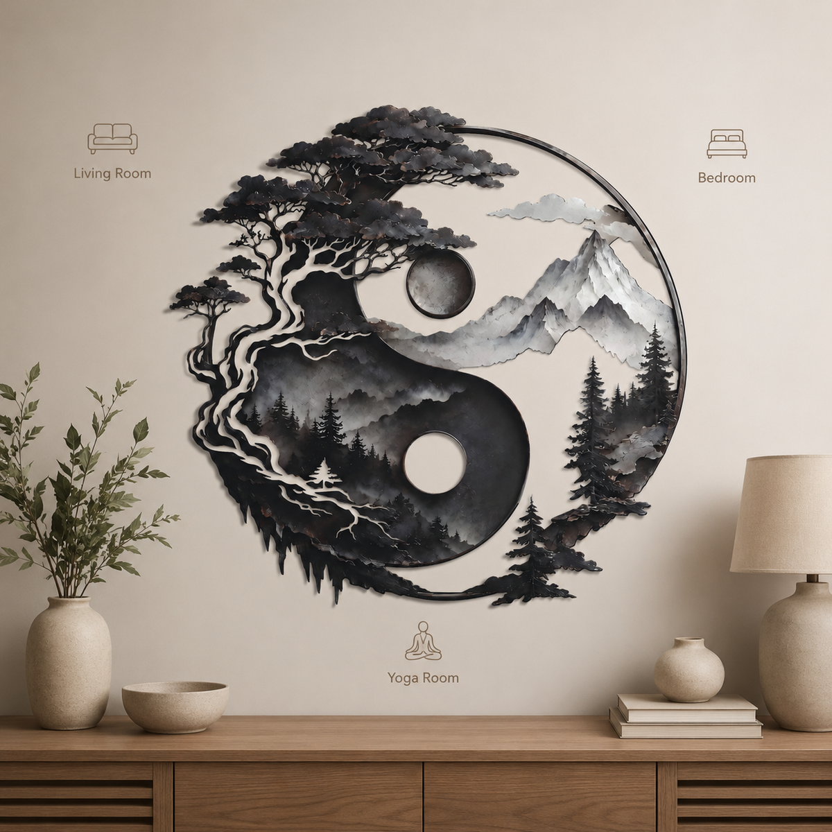Yin Yang Metal Wall Decor, Mountain and Tree Wall Art, Zen Nature Wall Sign, Rustic Landscape Home Decor With LED — Placement Decor