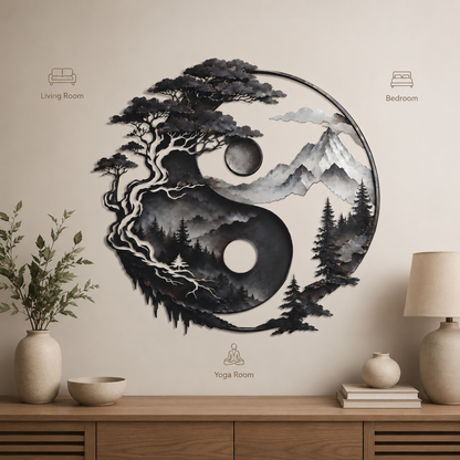 Yin Yang Metal Wall Decor, Mountain and Tree Wall Art, Zen Nature Wall Sign, Rustic Landscape Home Decor With LED — Placement Decor