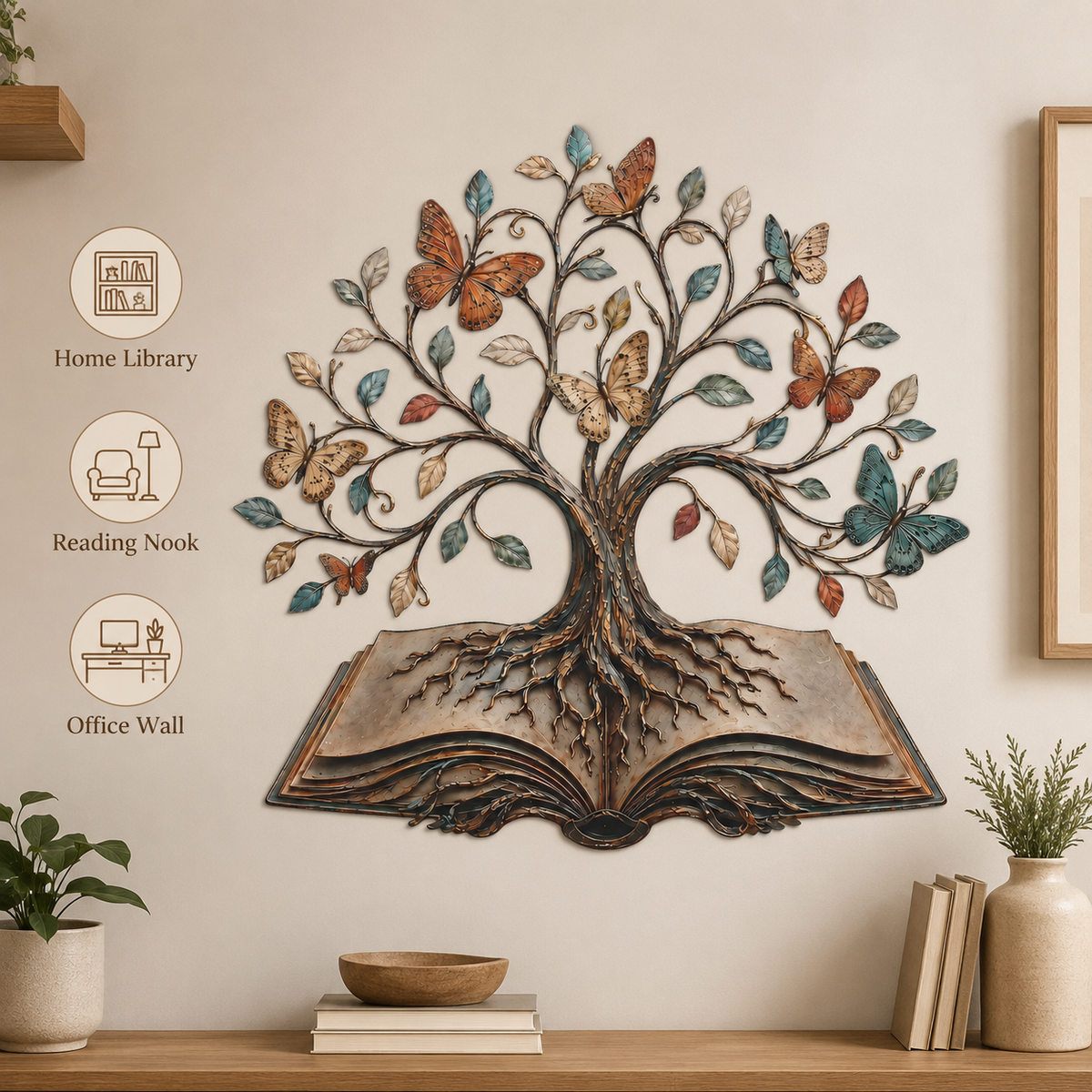Placement Decor - Tree of Knowledge Metal Wall Art Open Book Butterfly Tree