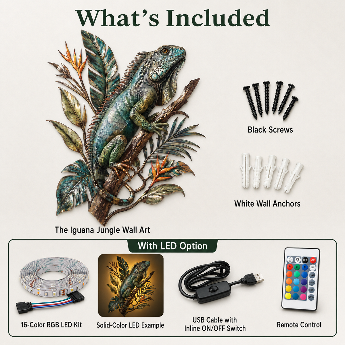 What's Included - Iguana Metal Wall Art Tropical Lizard Wall Decor Jungle Animal