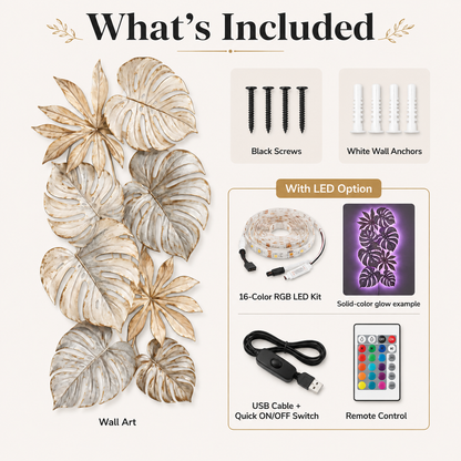 What's Included - Tropical Leaf Metal Wall Art Monstera Wall Decor Botanical Patio