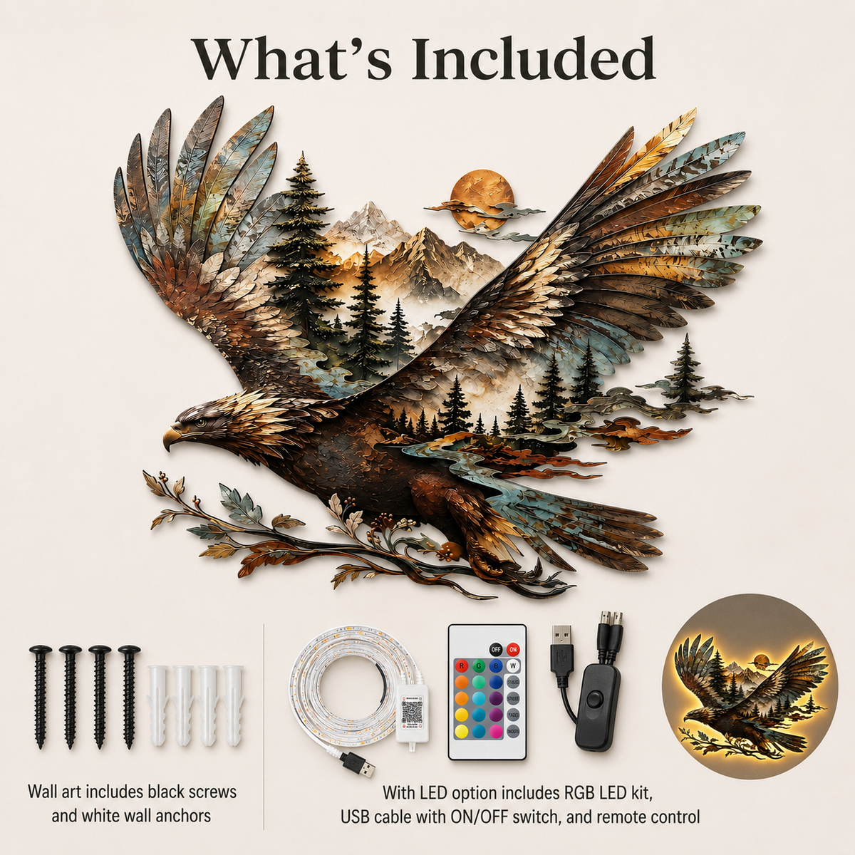 What’s Included - Bald Eagle Metal Wall Art Eagle Wall Decor Mountain Wildlife