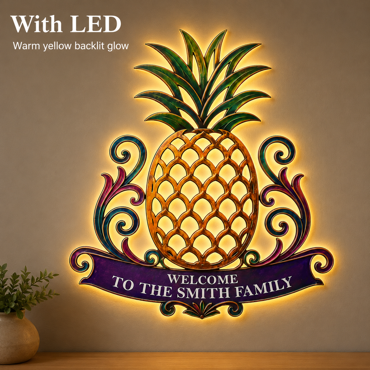 With LED Option - Custom Pineapple Welcome Metal Sign Personalized Family Name Sign Entryway