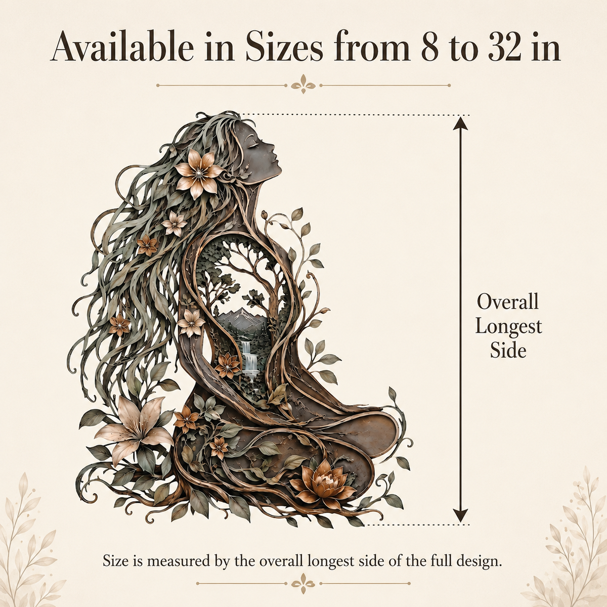 Compact Size Guide - Meditation Room Metal Wall Art Woman Tree of Life Yoga