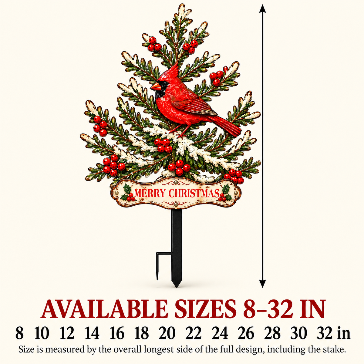 Custom Cardinal Christmas Pine Tree Metal Garden Stake Personalized Christmas Yard Art Cardinal Garden Decor Outdoor Holiday Decor — Available Size Guide
