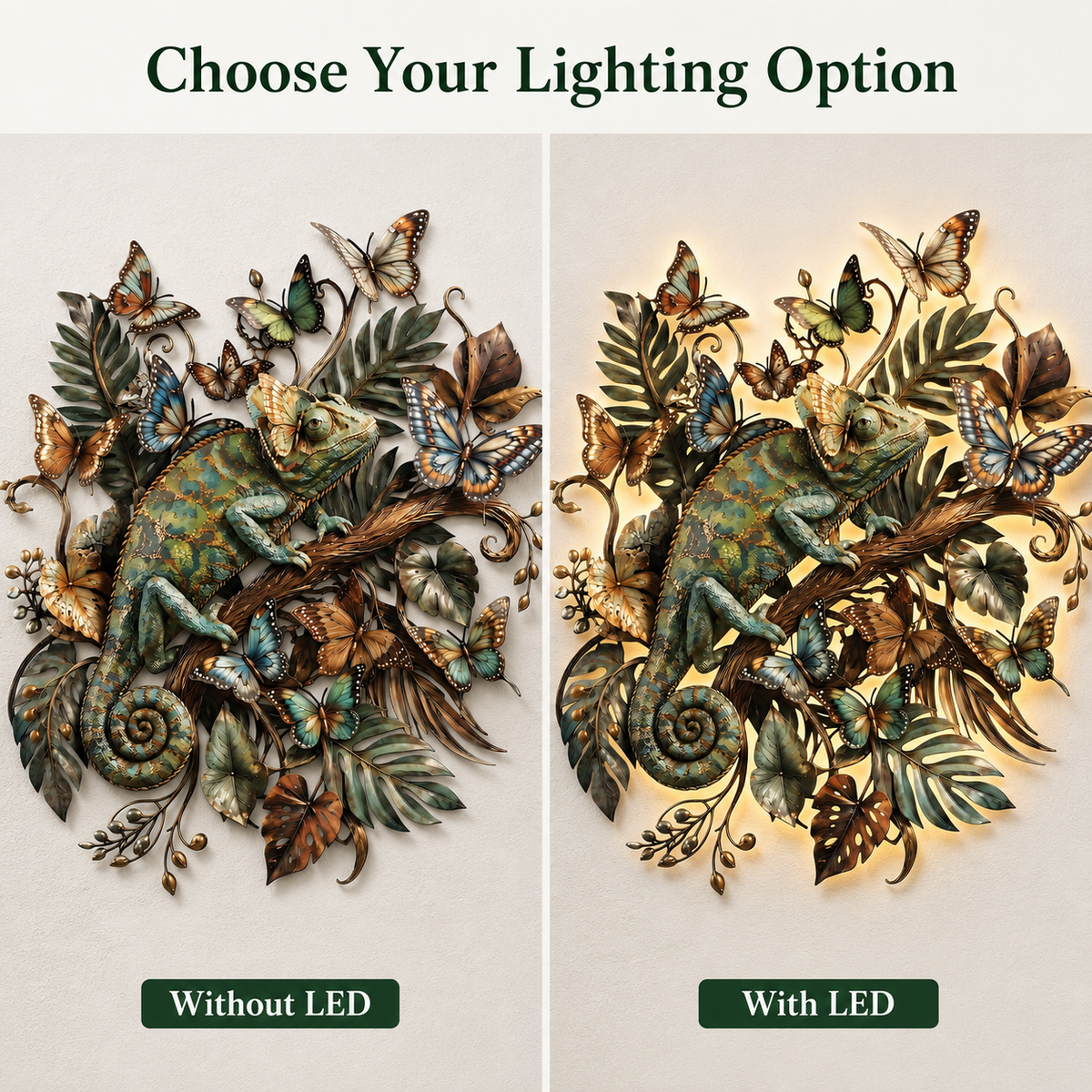 Choose Lighting Option - Chameleon Metal Wall Art Tropical Reptile Wall Decor Colorful Jungle