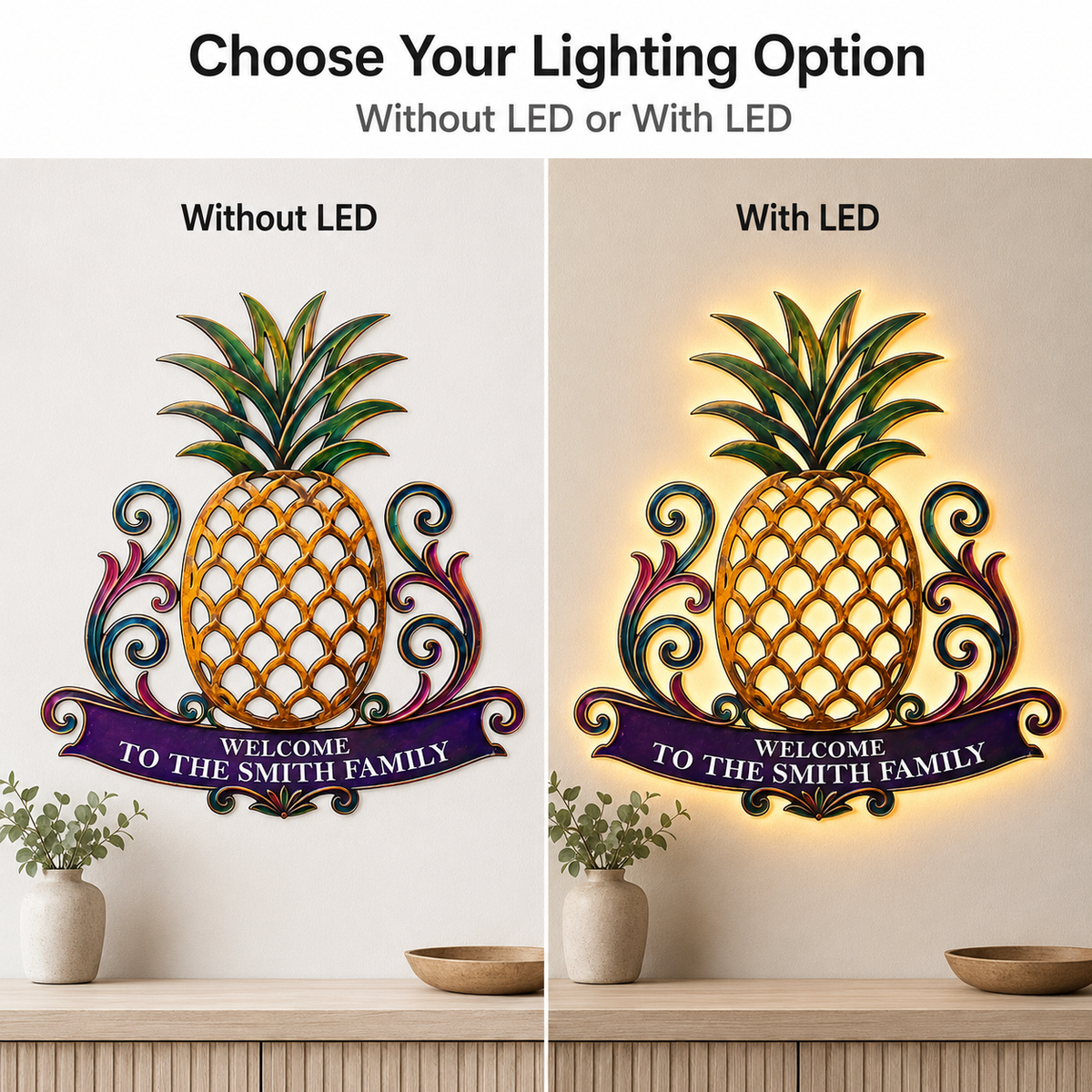 Choose Lighting Option - Custom Pineapple Welcome Metal Sign Personalized Family Name Sign Entryway