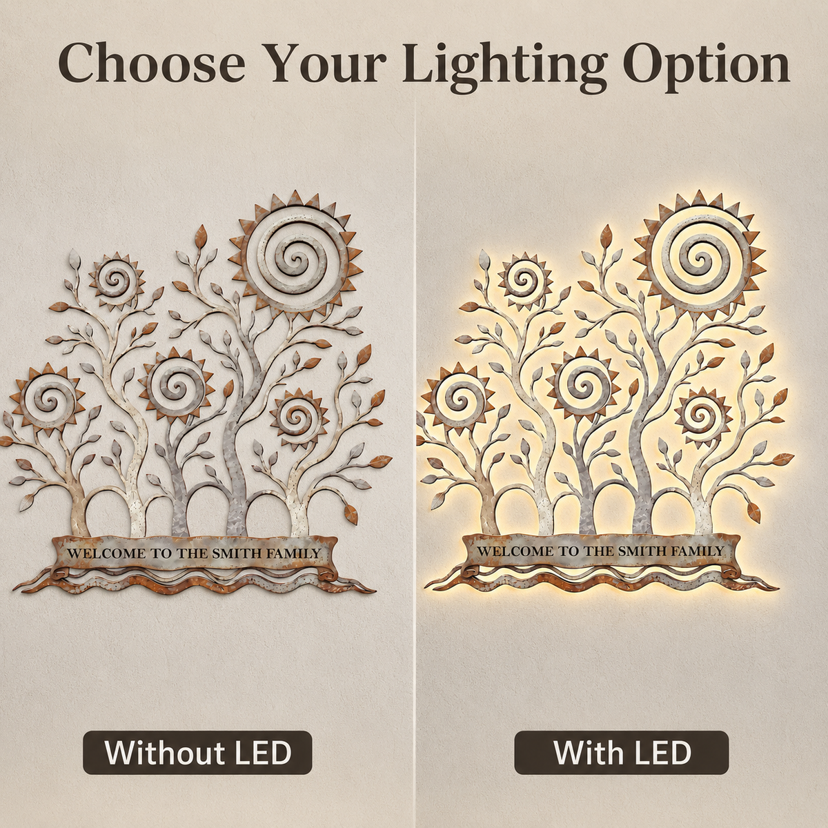 Choose Lighting Option - Custom Family Tree Metal Wall Art Decor Personalized Family Name