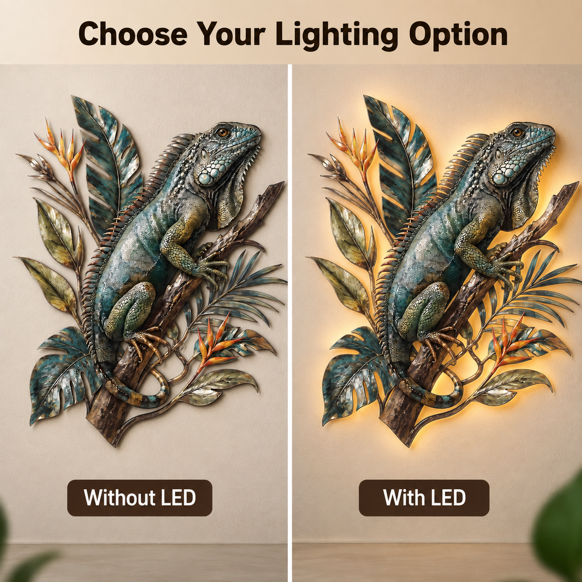 Choose Your Lighting Option - Iguana Metal Wall Art Tropical Lizard Wall Decor Jungle Animal